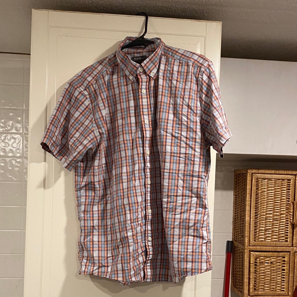 Eddie Bauer orange and Blue Plaid Button-Down Shirt size large 11:13